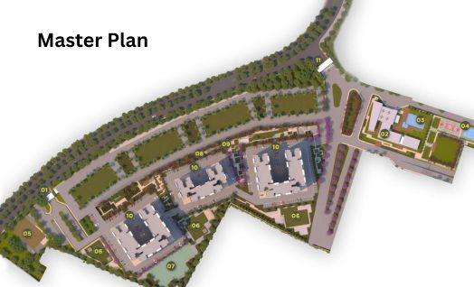 Gandharv Grandeur master plan layout showing residential towers and green spaces